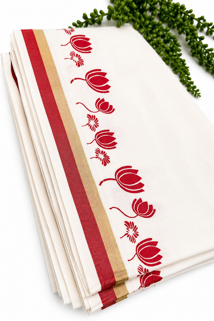 Kerala Cotton Saree | White Saree with Red Lotus Print & Gold Zari Border | Onam Festive Traditional Saree