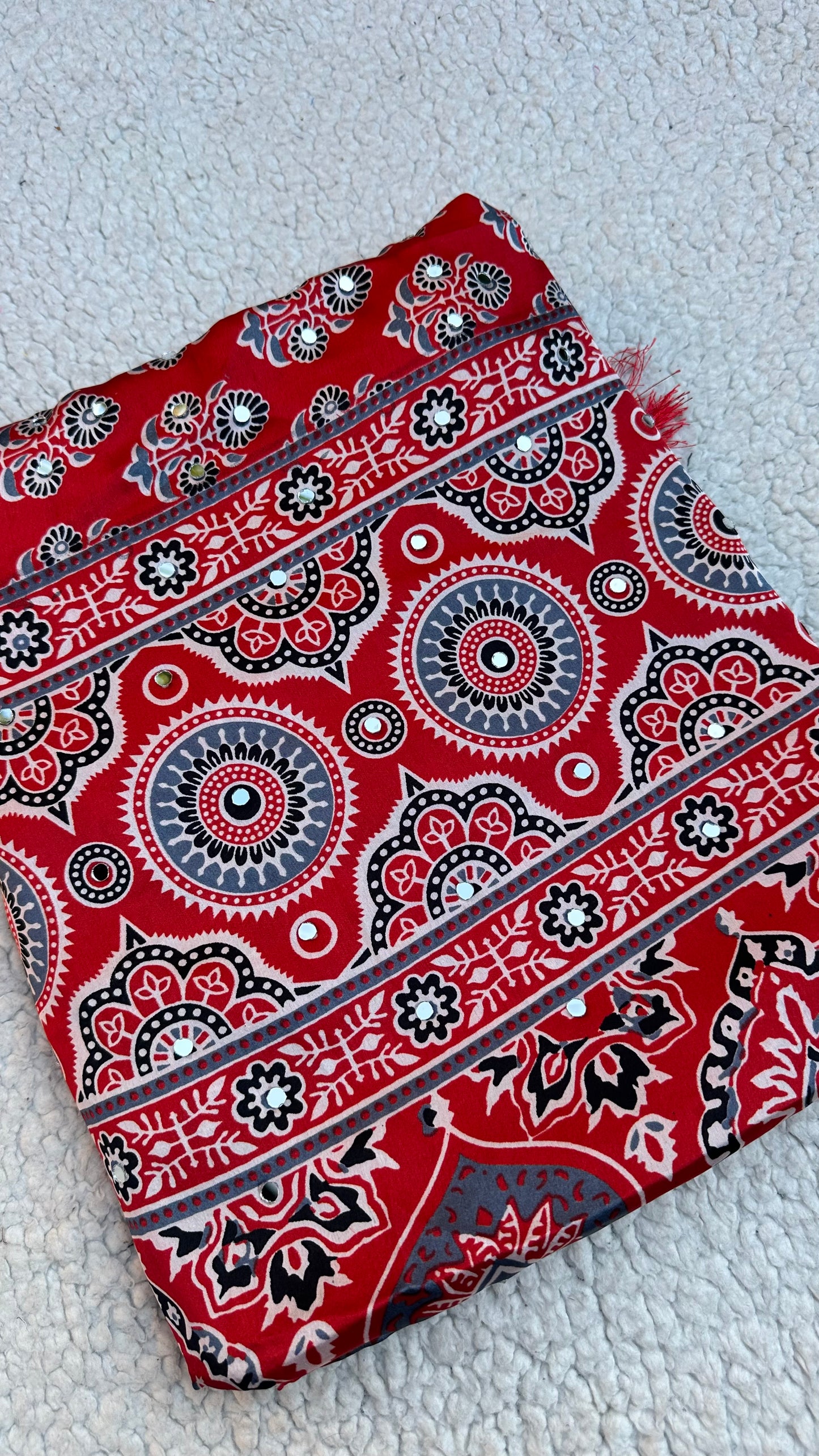 Modal Silk Ajrak Printed Saree with Mirror Work in Red