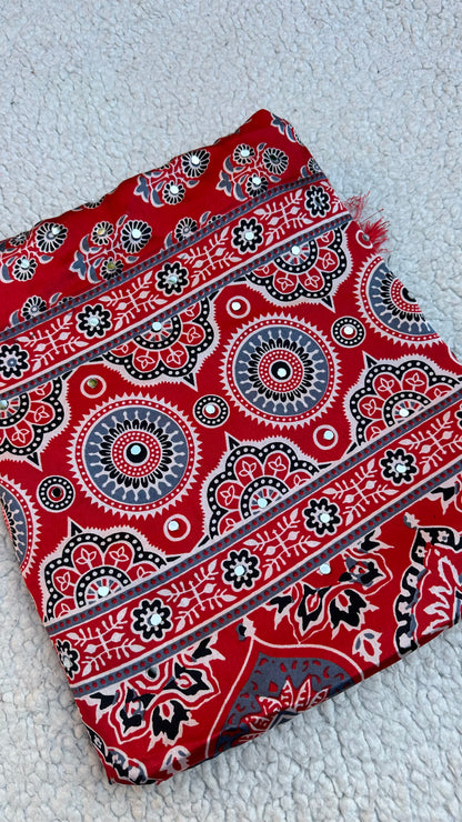 Modal Silk Ajrak Printed Saree with Mirror Work in Red