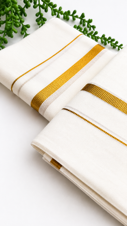 Kerala Set Mundu | Pure Cotton Kasavu 2-Piece Mundum Neriyathum with Gold Zari Border