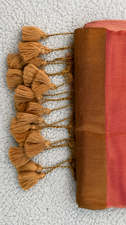 Light Pink Raga Tissue Saree with Mustard Gold Border & Tassels