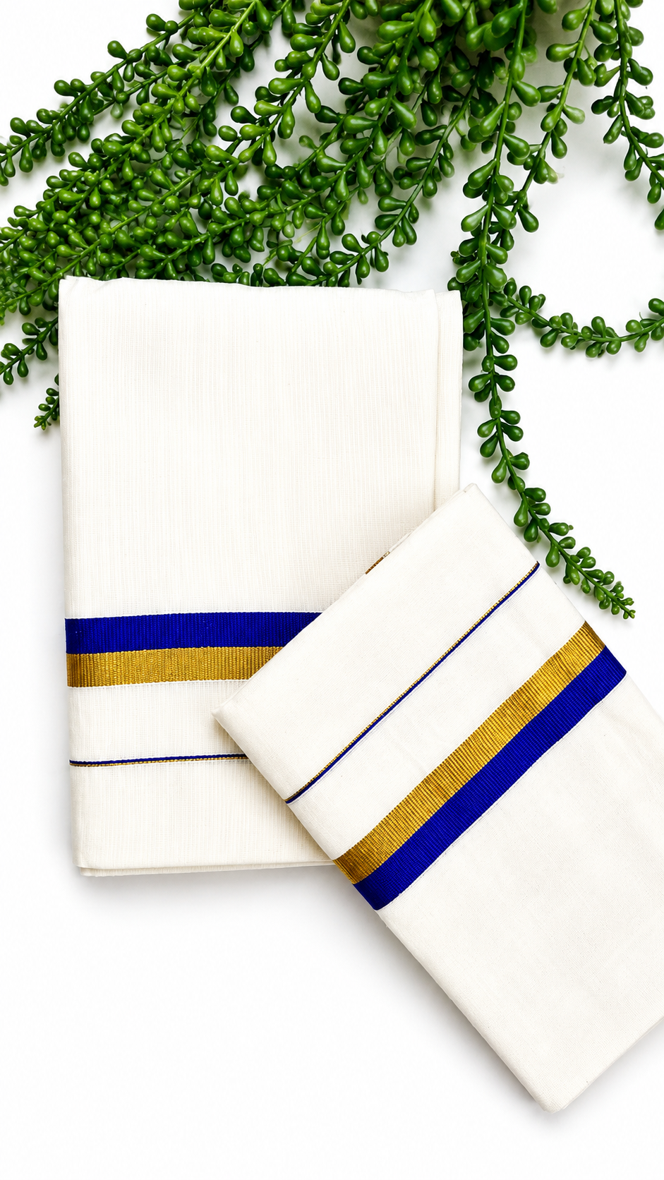 Kerala Set Mundu | Cotton 2-Piece Mundum Neriyathum with Gold Zari & Contrast Colour Border