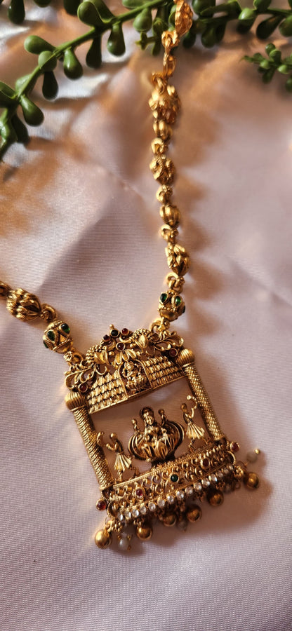 Antique Gold Temple Haram Necklace Set – Long Lakshmi Pendant with Jhumka Earrings & Pearl Drops