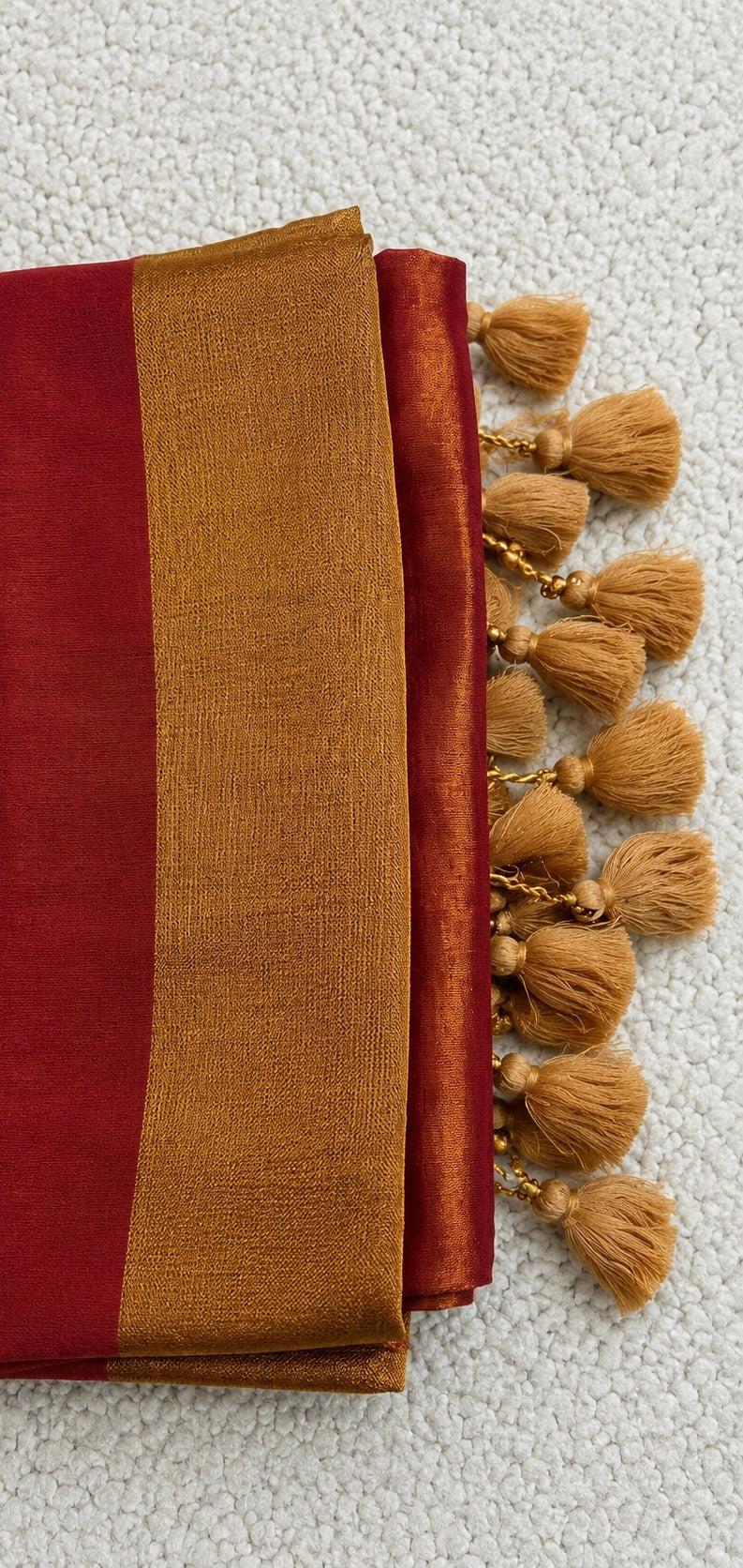 Metallic Maroon Raga Tissue Saree with Mustard Gold Border & Tassels