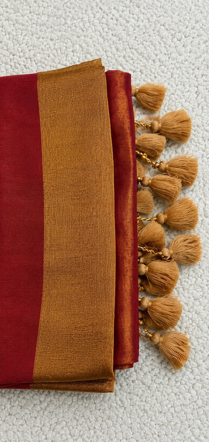 Metallic Maroon Raga Tissue Saree with Mustard Gold Border & Tassels