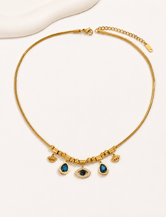 Golden Beaded Pendant Necklace with Blue Crystal Charms – Stainless Steel