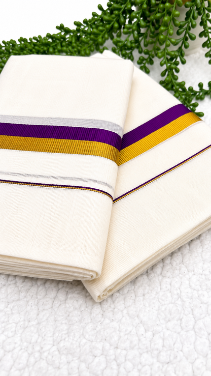 Kerala Set Mundu | Cotton 2-Piece Mundum Neriyathum with Gold Zari & Contrast Colour Border