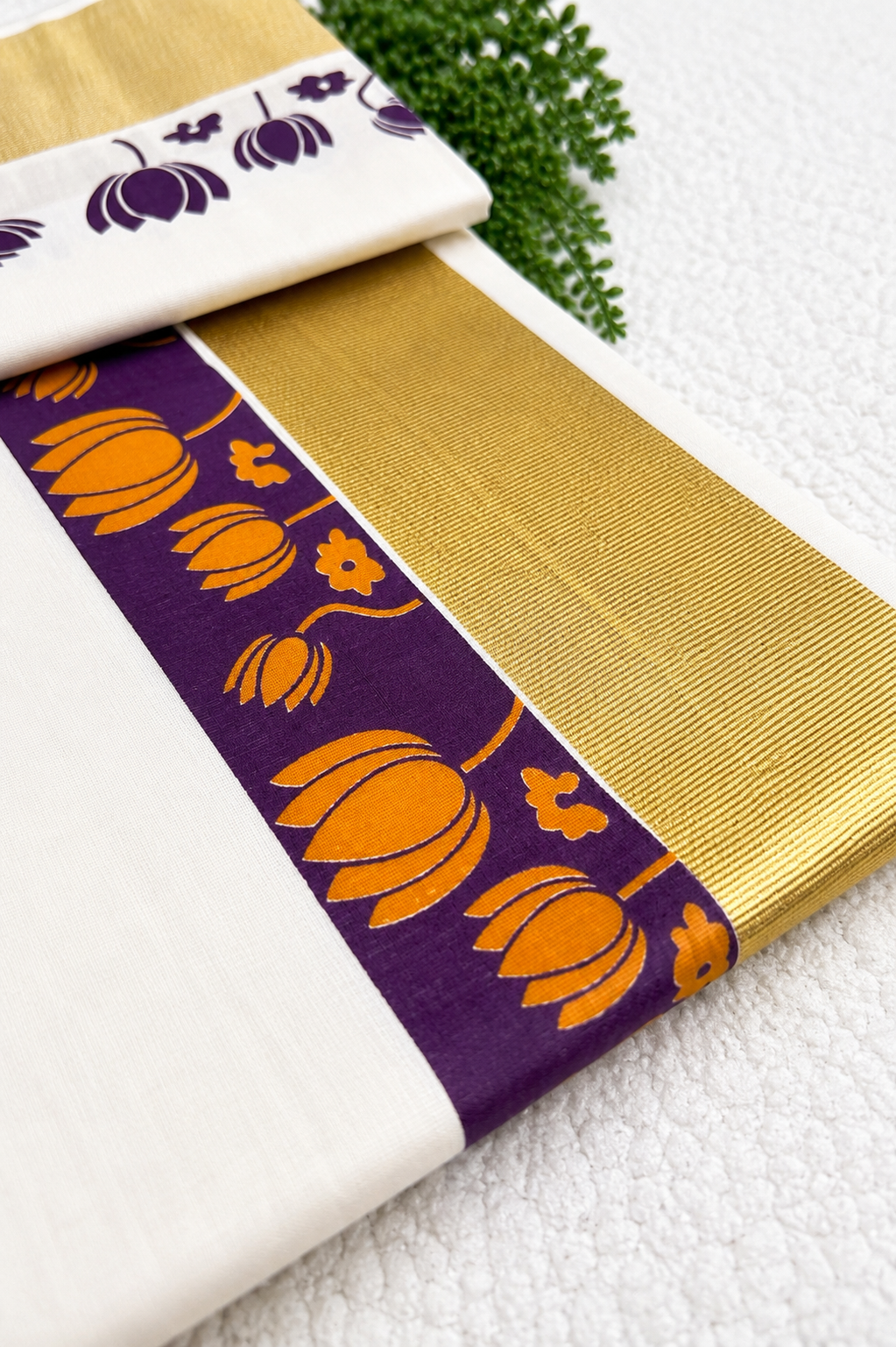 Kerala Cotton Set Saree | Onam Special White Cotton Saree with Purple Lotus Motif & Gold Kasavu Border