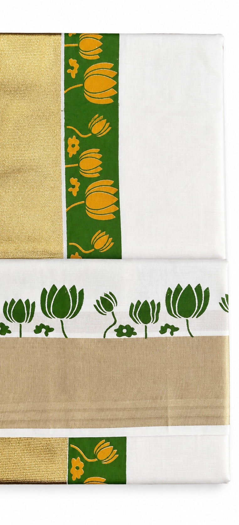 Kerala Cotton Set Saree | Onam Special White Cotton Saree with Green Lotus Motif & Gold Kasavu Border | Traditional Festive Saree