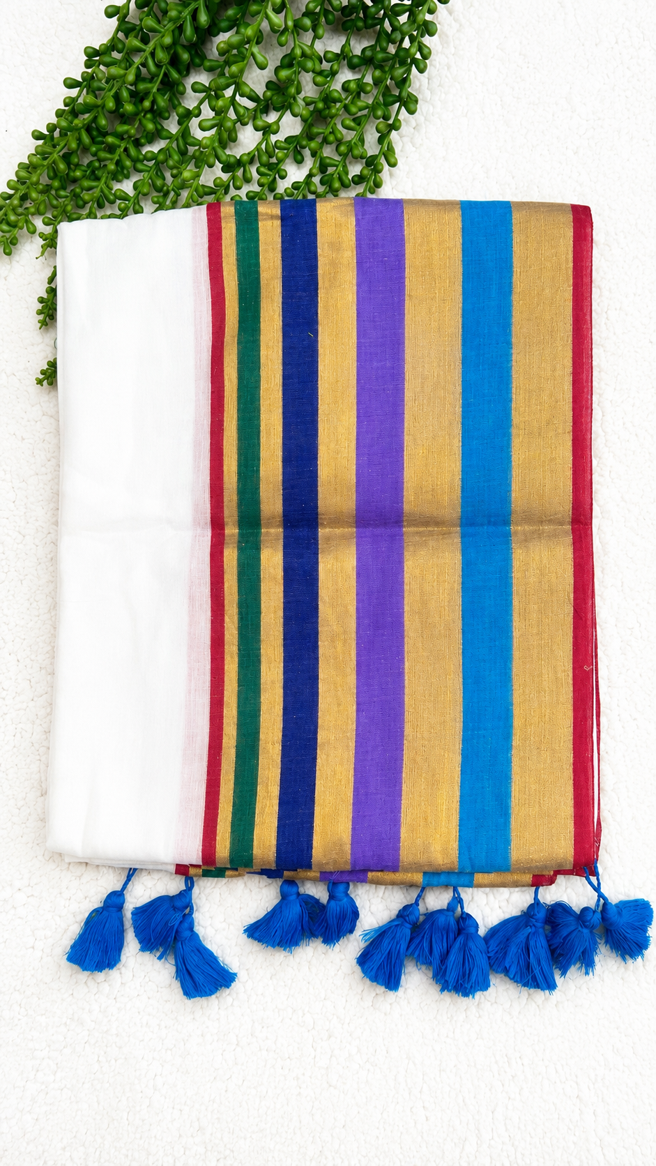 Mulcotton Saree | Cream Saree with Multicolour Striped Gold Zari Border | Tasselled Edge Traditional Saree