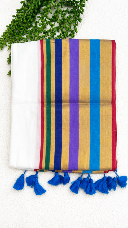 Mulcotton Saree | Cream Saree with Multicolour Striped Gold Zari Border | Tasselled Edge Traditional Saree