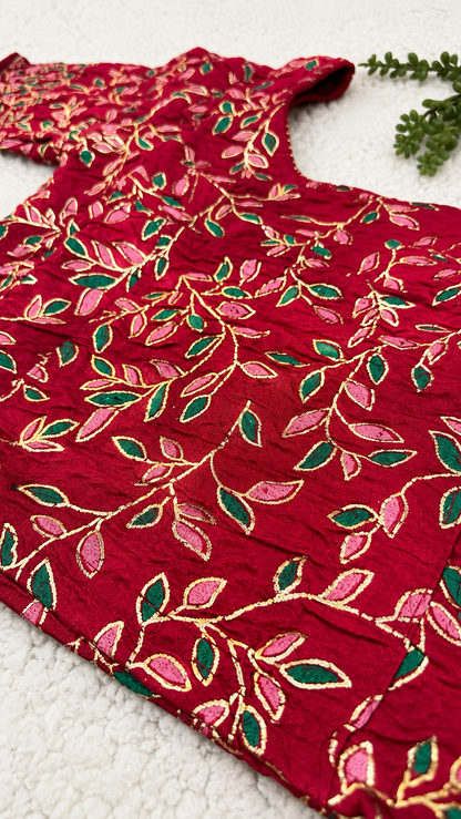 Stretchable Readymade Saree Blouse | Leaf Design with Gold Detailing | Ready to Wear Round Neck Blouse with Patterned Sleeve Border (S-L)