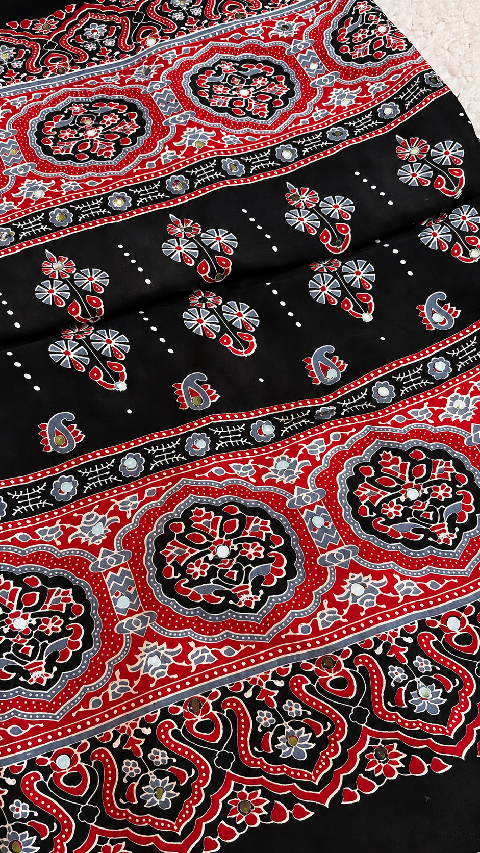 Black Modal Silk Saree with Ajrak Print & Mirror Work