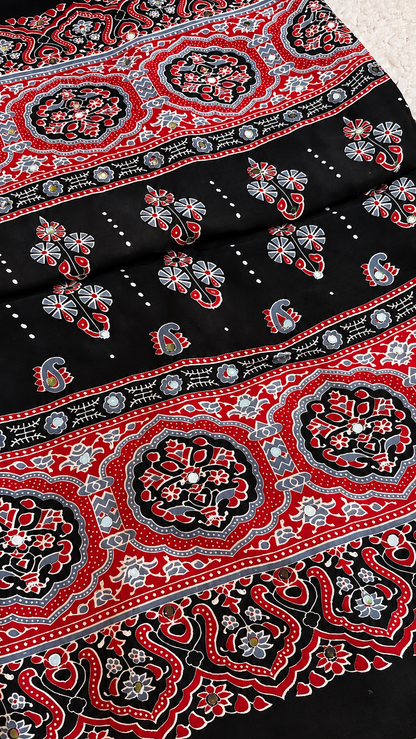 Black Modal Silk Saree with Ajrak Print & Mirror Work