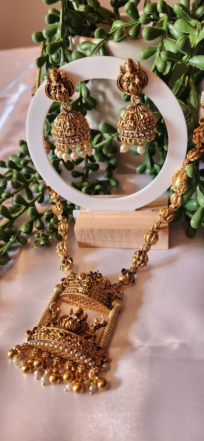 Antique Gold Temple Haram Necklace Set – Long Lakshmi Pendant with Jhumka Earrings & Pearl Drops