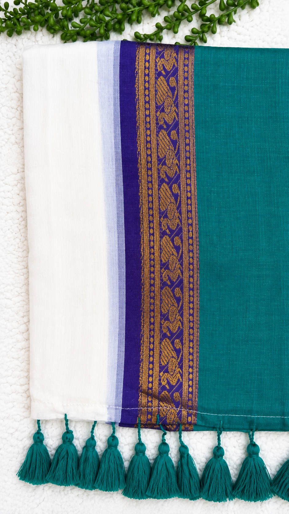 Mulcotton Saree | White & Teal Saree with Purple Gold Brocade Border | Tasselled Edge Traditional Saree