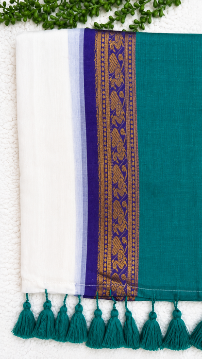 Mulcotton Saree | White & Teal Saree with Purple Gold Brocade Border | Tasselled Edge Traditional Saree