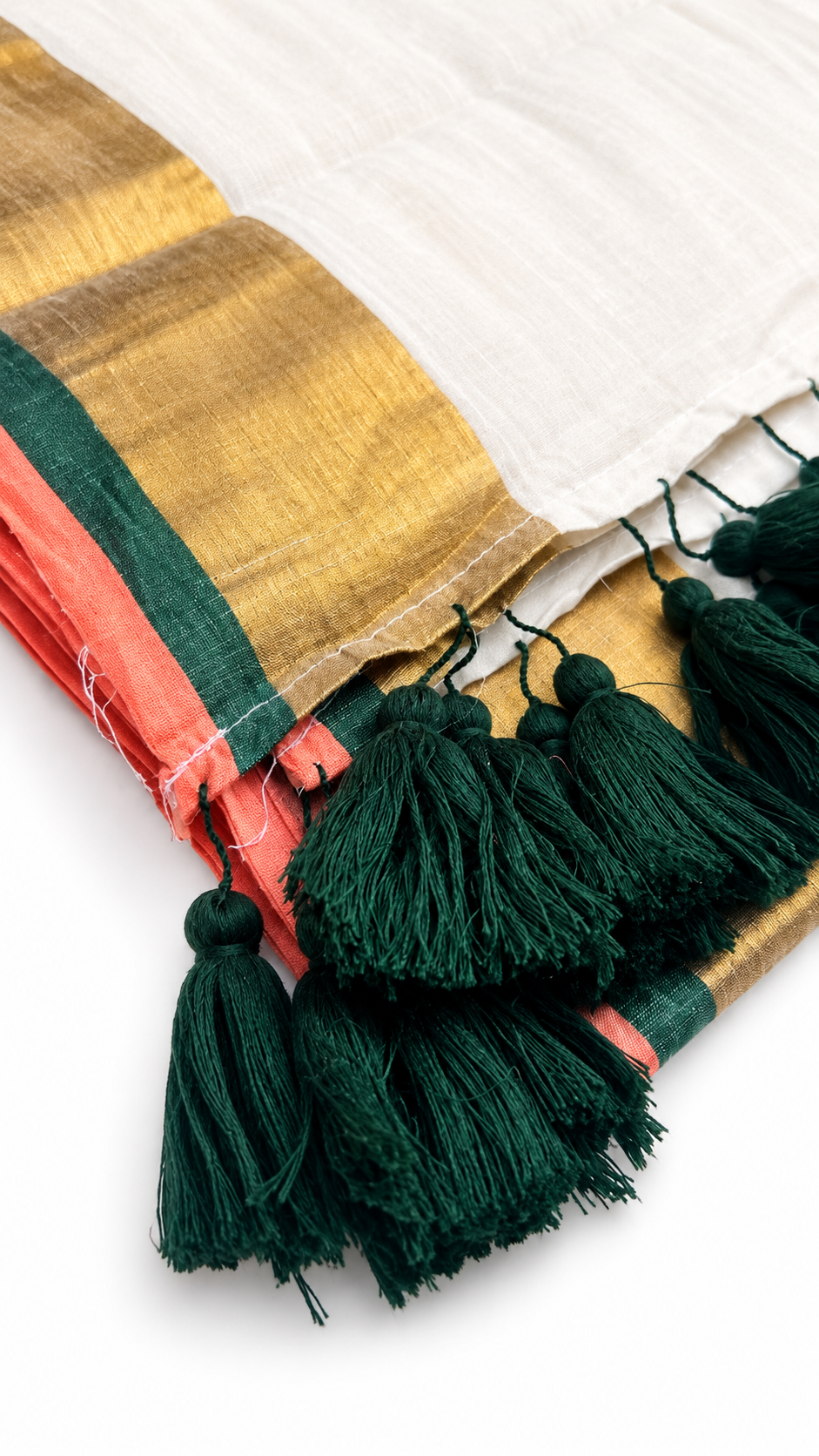Mul Cotton 120 Count Saree – White with Gold Zari, Green & Coral Border | Traditional South Indian Saree with Green Tassels
