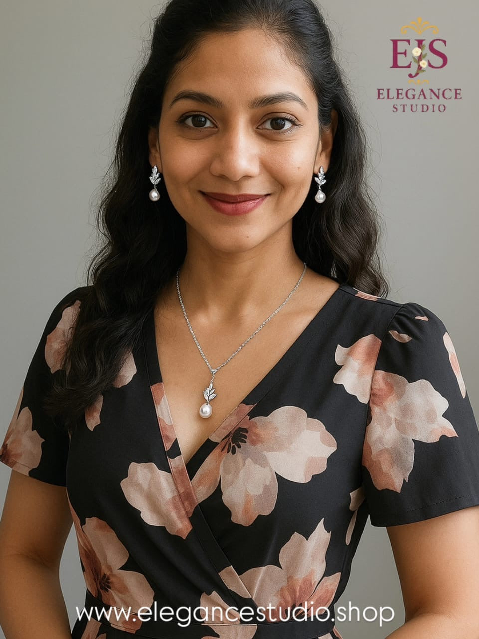 Beautiful woman wearing silver crystal leaf pearl jewelry set with floral dress showing elegant everyday styling
