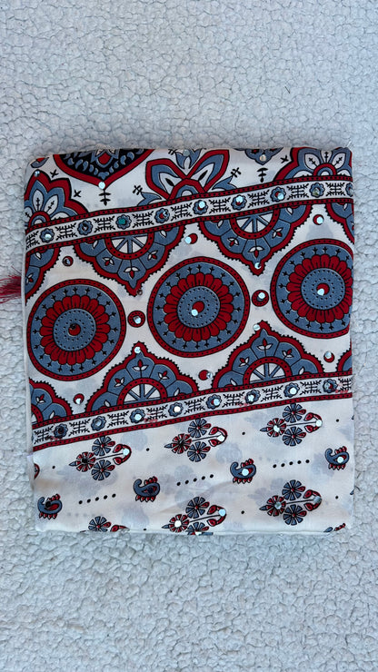 Modal Silk Ajrak Printed Saree with Mirror Work in White