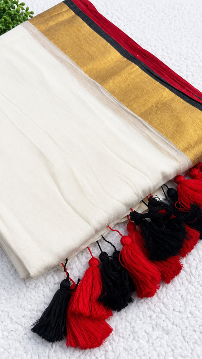 Off-White Mulcotton Saree with Gold Border, Black & Red Trim – 120 Count Kerala Cotton Saree