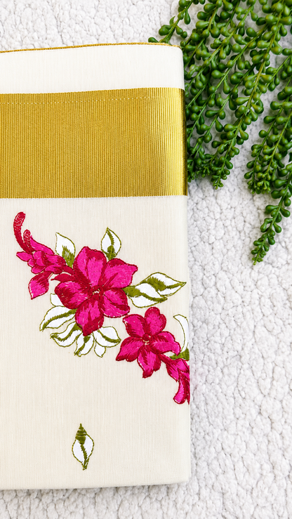 Cotton Saree with Pink Floral Embroidery & Gold Border | Kerala Style Festive Wear