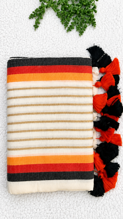 Off-White Mulcotton Saree with Gold Pinstripes & Black-Red-Orange Border – 120 Count Kerala Cotton Saree