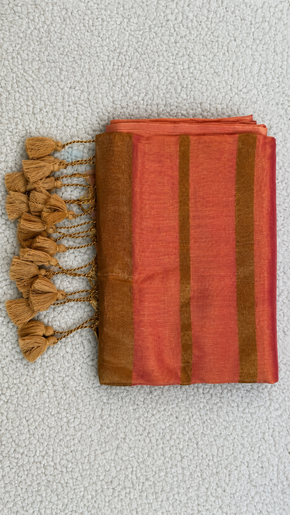 Light Pink Raga Tissue Saree with Mustard Gold Border & Tassels
