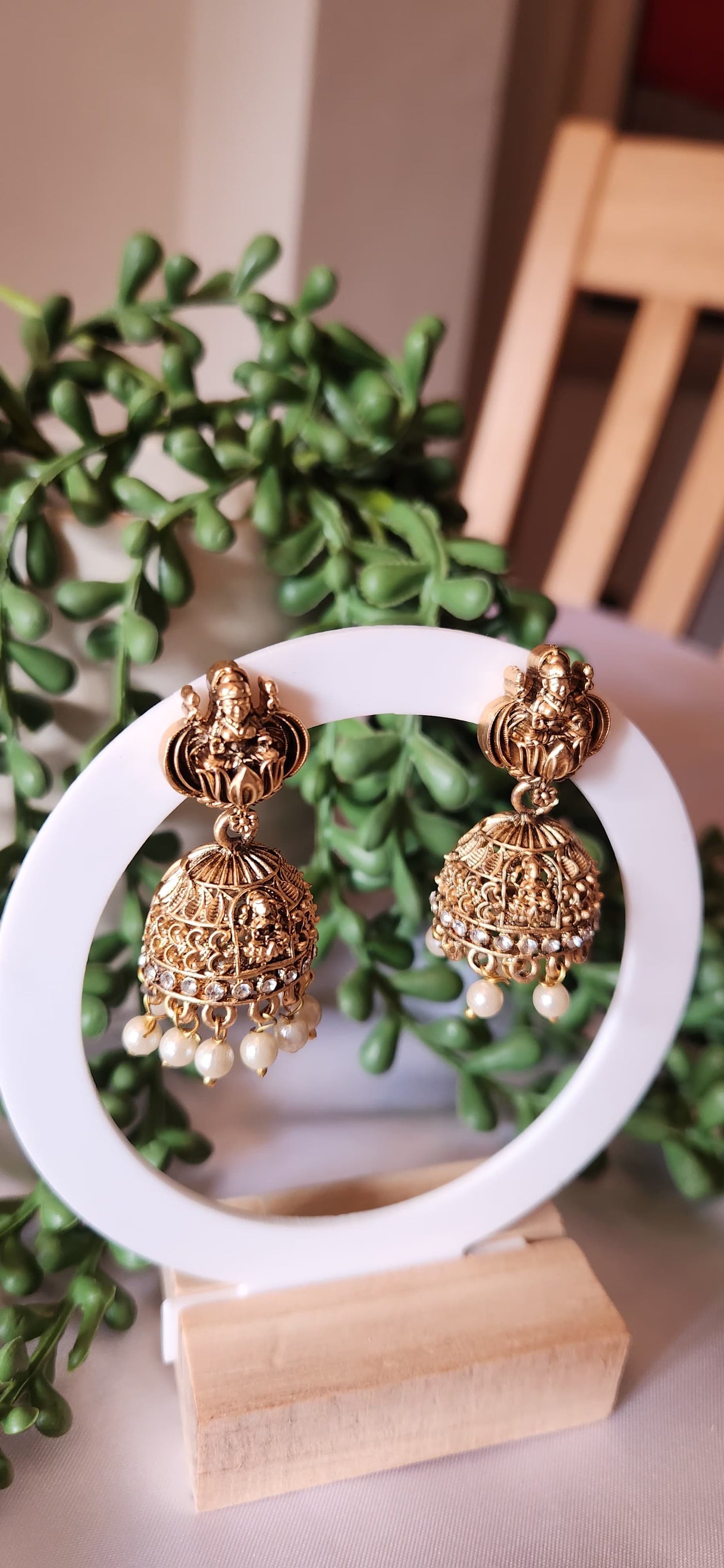 Antique Gold Temple Haram Necklace Set – Long Lakshmi Pendant with Jhumka Earrings & Pearl Drops