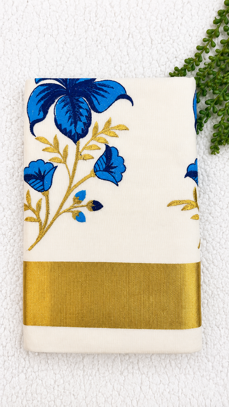 Cotton Saree with Blue Floral Embroidery & Gold Border | Kerala Style Festive Wear