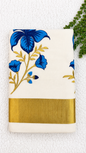 Cotton Saree with Blue Floral Embroidery & Gold Border | Kerala Style Festive Wear