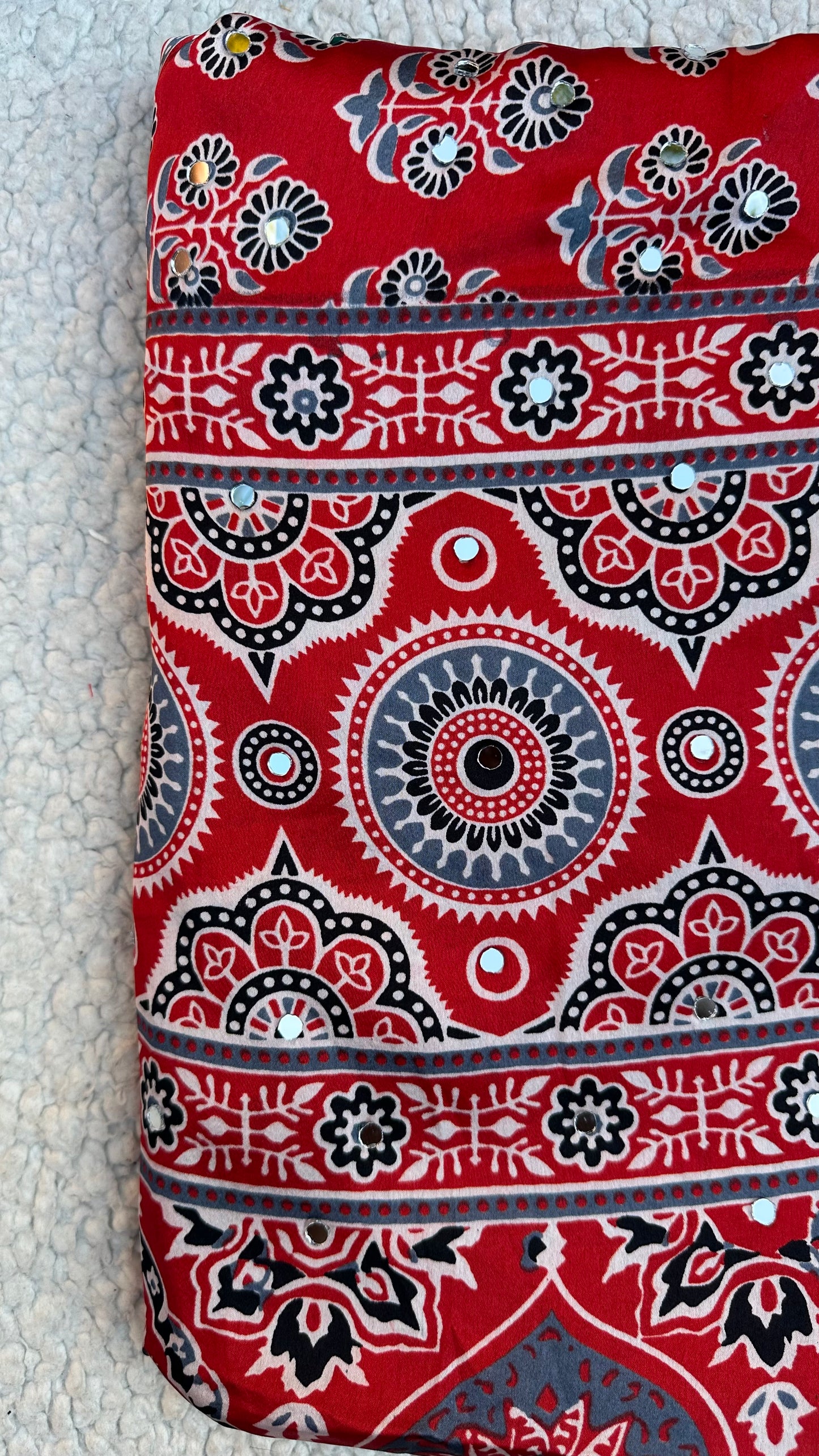 Modal Silk Ajrak Printed Saree with Mirror Work in Red