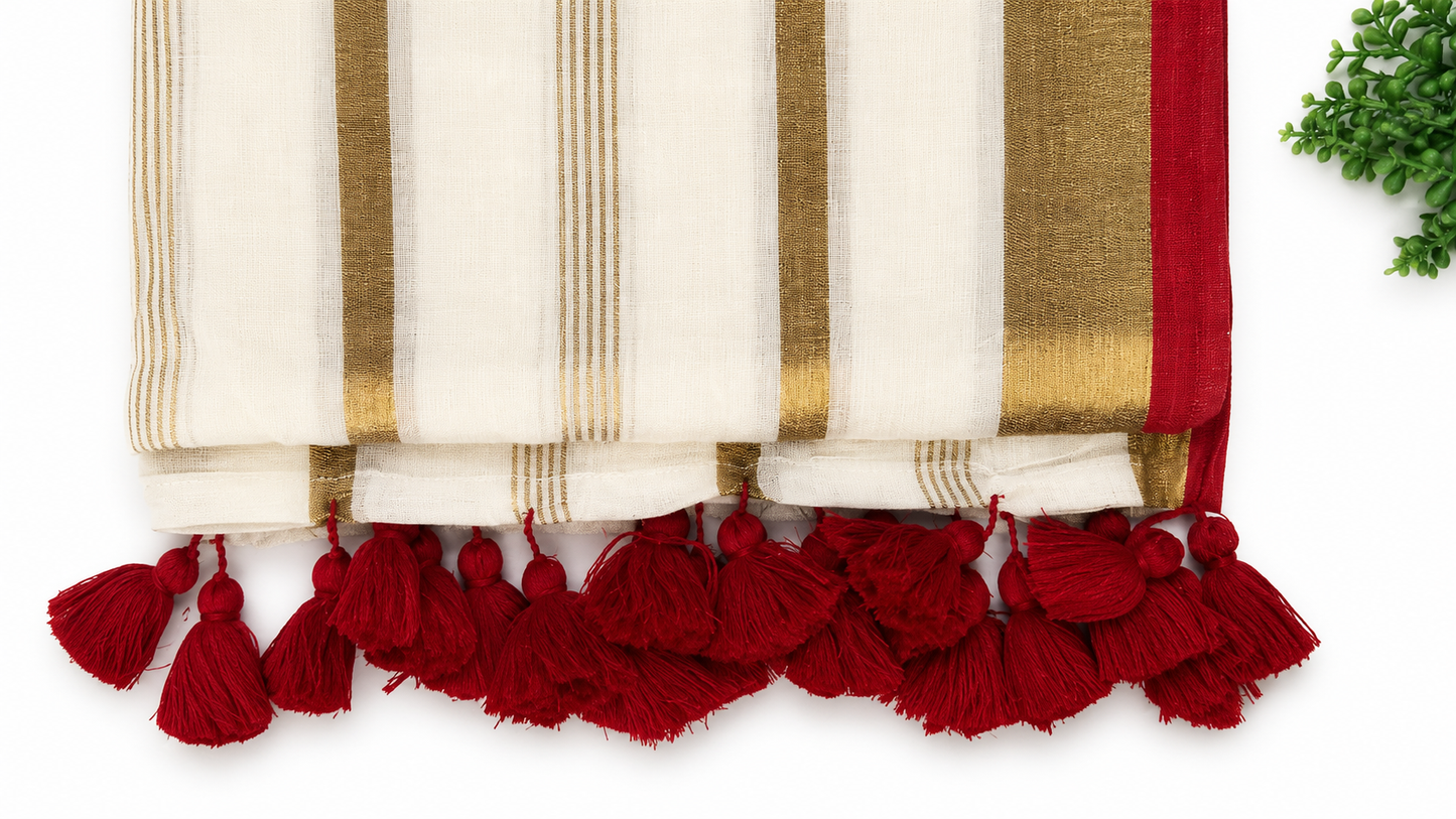 Off-White Mulcotton Saree with Gold Zari Stripes & Red Border – 120 Count Kerala Cotton Saree