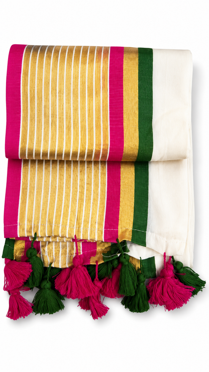 Mul Cotton Saree – Pink, Green & Gold Striped Border | Traditional South Indian Saree with Tassels