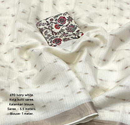 Ivory White Kota Zari Butti Saree with Kalamkari Blouse