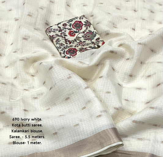 Ivory White Kota Zari Butti Saree with Kalamkari Blouse