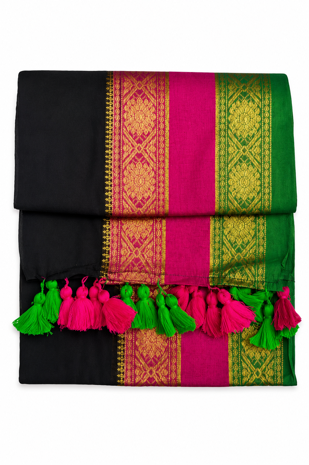 Mul Cotton 120 Count Saree – Black with Pink & Green Zari Border | Traditional South Indian Saree with Neon Tassels