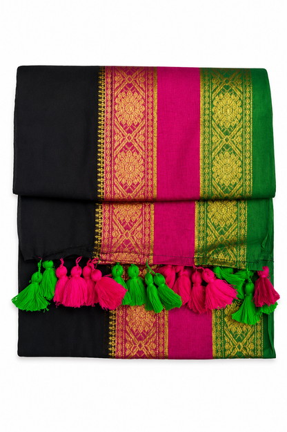 Mul Cotton 120 Count Saree – Black with Pink & Green Zari Border | Traditional South Indian Saree with Neon Tassels