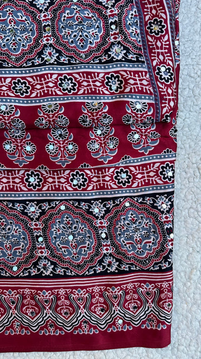 Maroon Modal Silk Saree with Ajrak Print & Mirror Work