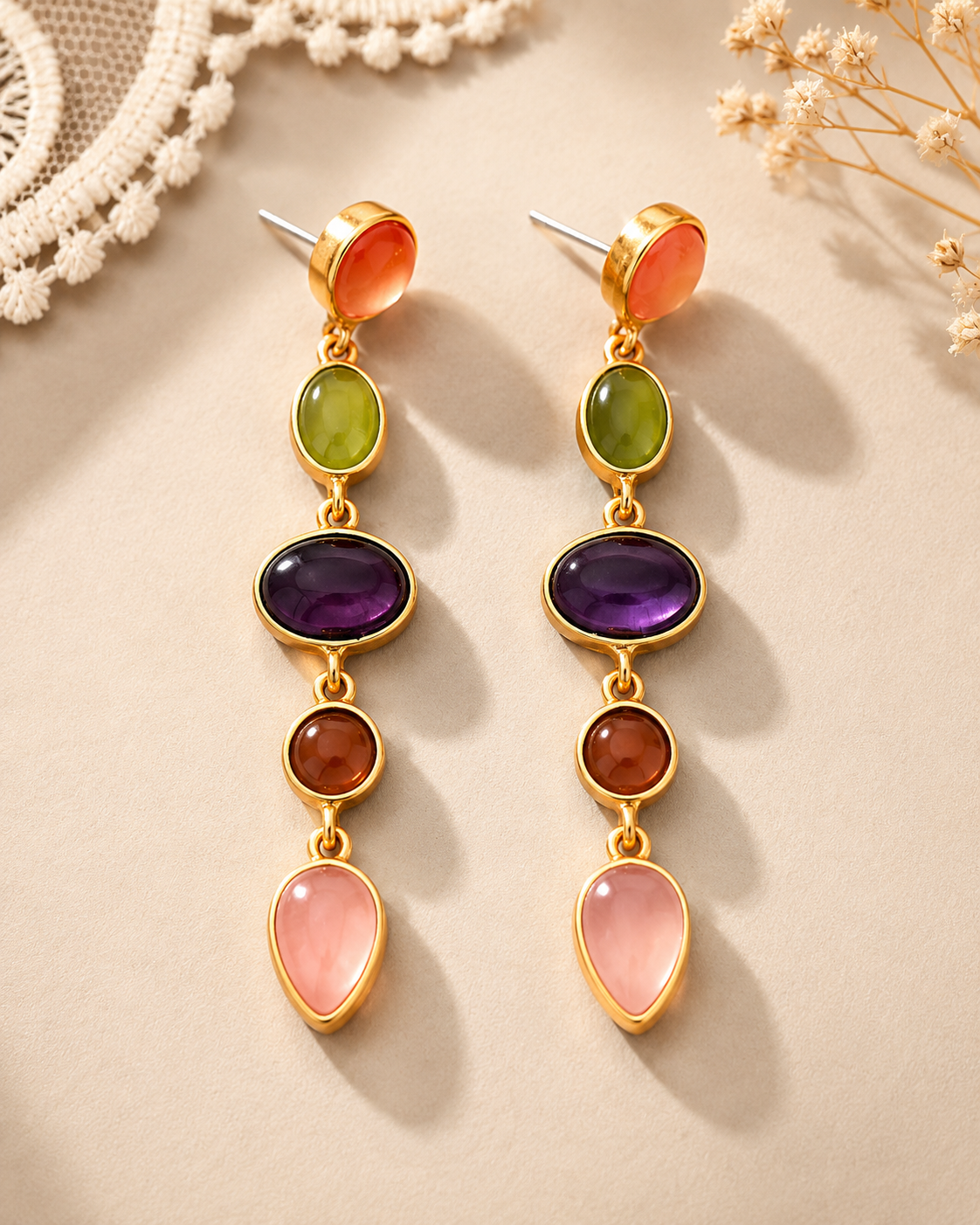 Multicolour Gemstone-Style Long Drop Earrings