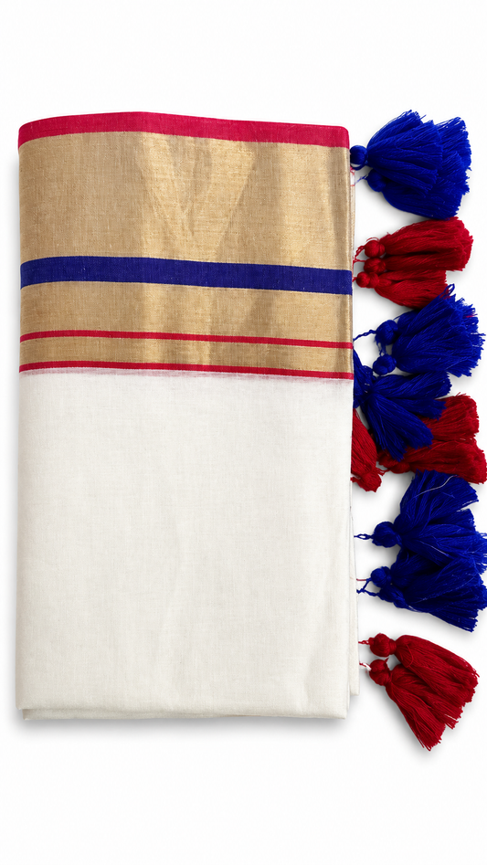 Off-White Mulcotton Saree with Gold Kasavu Border, Blue & Red Tassels – 120 Count Kerala Cotton Saree