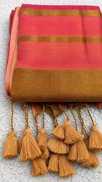 Light Pink Raga Tissue Saree with Mustard Gold Border & Tassels