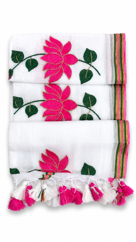 Mul Cotton 120 Count Saree with Embroidered Pink Lotus Motif – White Base with Striped Border and Tassels