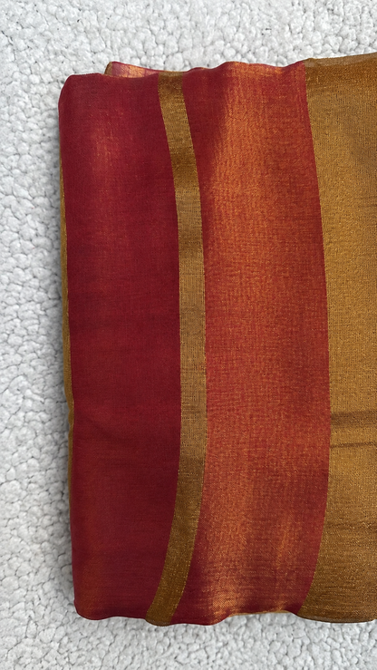 Metallic Maroon Raga Tissue Saree with Mustard Gold Border & Tassels