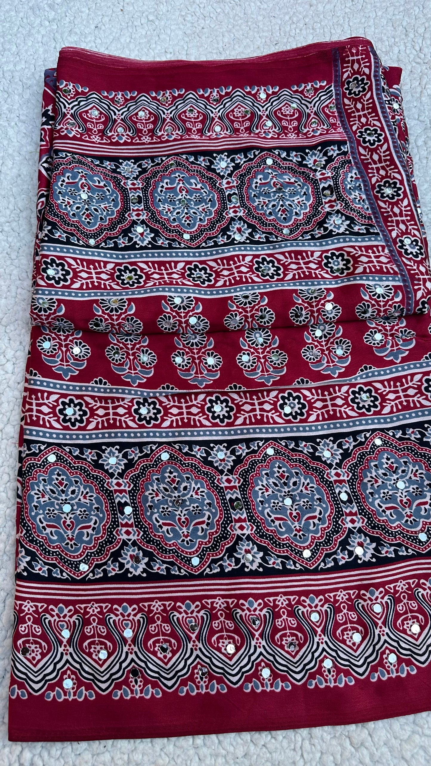 Maroon Modal Silk Saree with Ajrak Print & Mirror Work