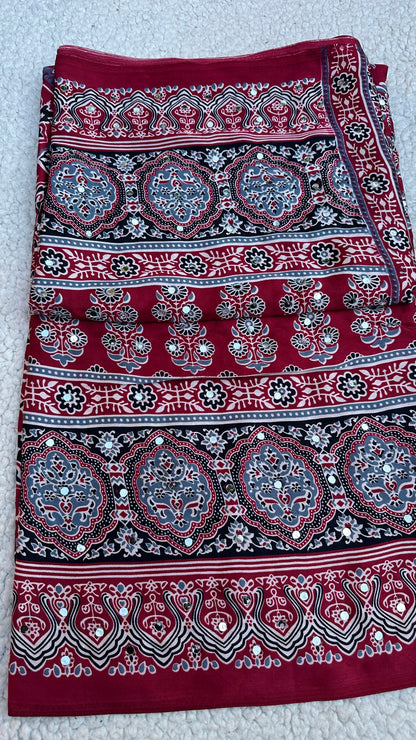 Maroon Modal Silk Saree with Ajrak Print & Mirror Work