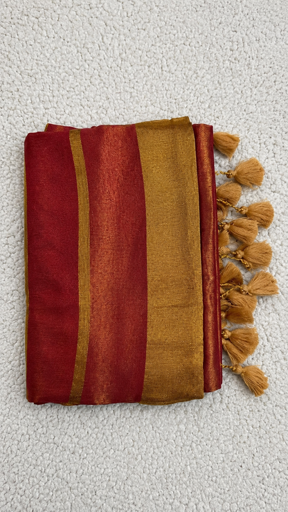 Metallic Maroon Raga Tissue Saree with Mustard Gold Border & Tassels