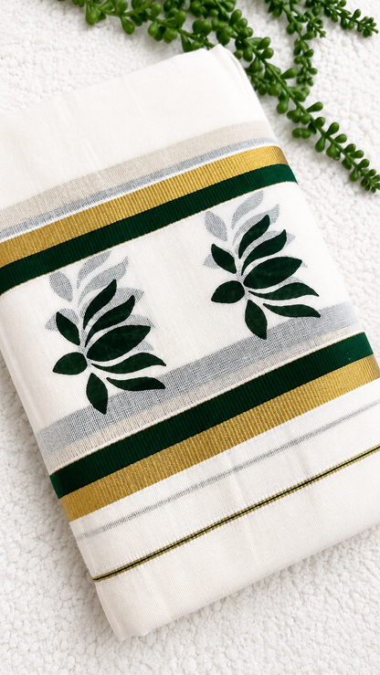 Kerala Cotton Set Mundu with Lotus Motif Border – Gold Kasavu Detail