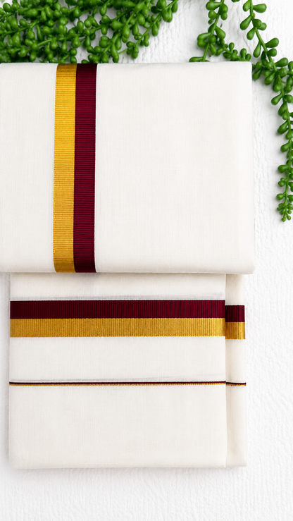 Kerala Set Mundu | Cotton 2-Piece Mundum Neriyathum with Gold Zari & Contrast Colour Border