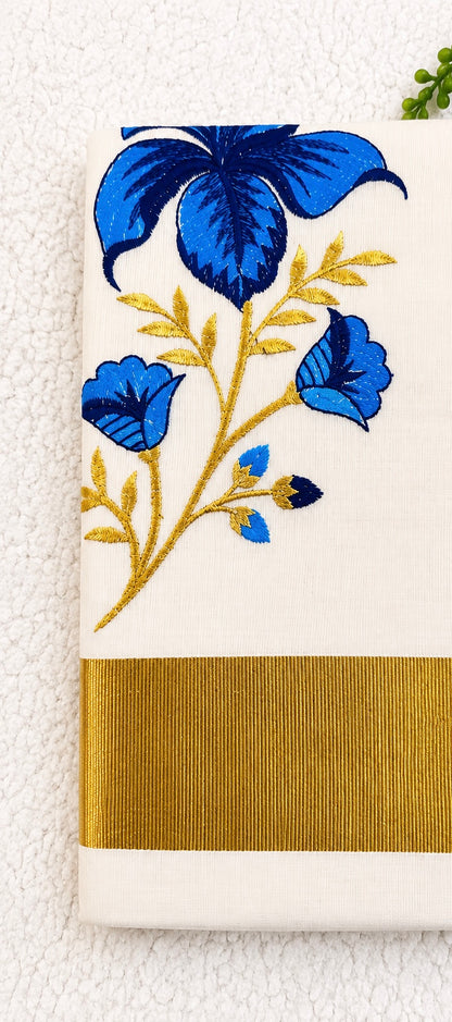 Cotton Saree with Blue Floral Embroidery & Gold Border | Kerala Style Festive Wear
